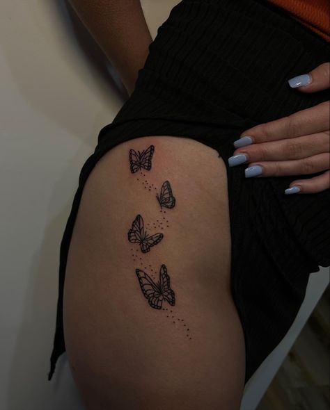 Hip Tattoos Butterflies, Butterfly Hips Tattoo, Butterfly Tattoo On Upper Thigh, Thigh Hip Tattoo Women Unique Butterfly, Hip Thigh Tattoos Butterfly, Butterflies On Hip Tattoo, Butterfly Tattoos Thigh, Tatoos Woman Thigh Butterfly, Side Hip Butterfly Tattoo