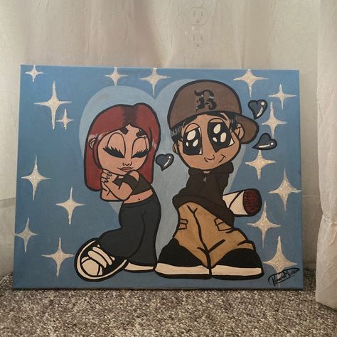 Couple Cartoon Painting Canvas, Black Couple Painting Ideas Cartoon, Cute Boyfriend Painting Ideas, Boyfriend Canvas Painting, Acrylic Painting For Boyfriend, Bf And Gf Painting, Couple Painting Cartoon, Couple Drawings On Canvas, Cartoon Couple Painting