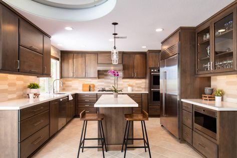 Modern Twist on a Classic Kitchen Design in Rancho Santa Margarita Remodel | Sea Pointe Construction Backsplash For Brown Cabinets, Best Backsplash, Trendy Backsplash, Dark Brown Kitchen Cabinets, Dark Brown Kitchen, White Herringbone Tile, Beige Backsplash, Dark Brown Cabinets, Brown Kitchen Cabinets