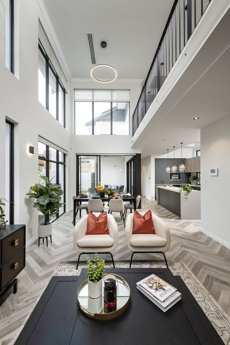 Open Plan High Ceiling, Double Height Apartment, Living Room With Void Designs, Industrial High Ceiling Living Room, Double Height Living Room Floor Plan, Double Void Living Room, Home With A Lot Of Windows, Void Living Room Design, High Ceiling Floor Plan