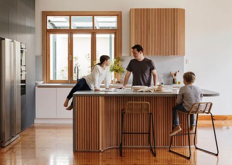 Bespoke Kitchen Island, Contemporary Kitchen Island, Floor To Ceiling Cabinets, Art Deco Kitchen, Minimalist Shelves, Timber Battens, Bespoke Kitchen Design, Timber Slats, Light Hardwood Floors