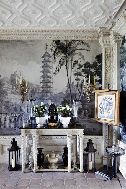 Chinoiserie Chic: Gray Chinoiserie Wallpaper - Howard Slatkin Black And White Chinoiserie, European Palace, Scenic Wallpaper, Foyer Decorating, Chinoiserie Wallpaper, Chinoiserie Chic, Asian Decor, New York Apartment, Trendy Home