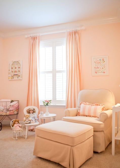 Soft Peachy Pink Striped Baby Girl Nursery! Peach Paint Colors, Nursery Paint, Peach Rooms, Peach Nursery, Nursery Paint Colors, Girls Room Paint, Girls Room Colors, Baby Room Colors