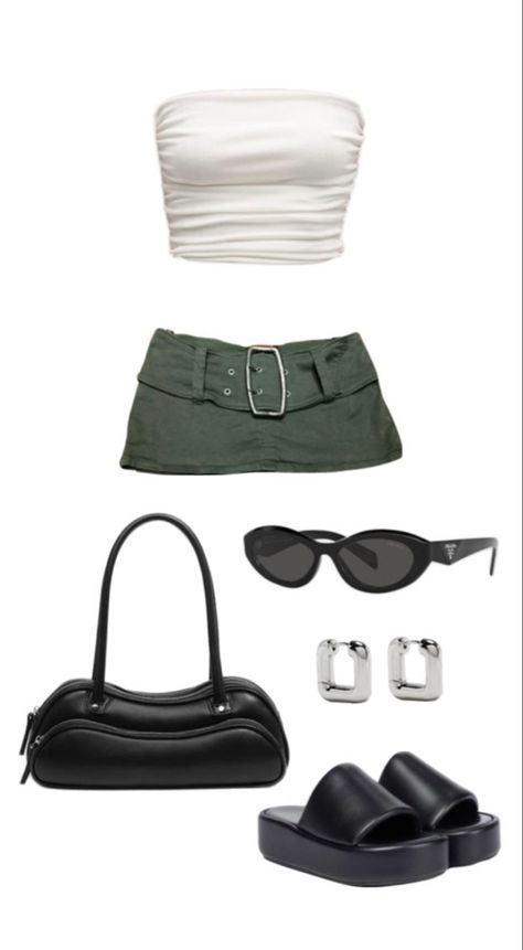 a simple white tube too with a super cute y2k army green mini skirt and black chunky sandals!  accessorized with a black purse, black sunglasses and silver hoops! #fashion #miniskirtoutfit #skirtfashion #chunkyshoes #sandalsoutfit  #green #black Super Mini Skirt Outfit, Sandals Outfit Aesthetic, Green Y2k Outfit, Green Mini Skirt Outfit, Y2k Mini Skirt Outfit, Chunky Sandals Outfit, Black Sandals Outfit, Black And Silver Outfits, Black Chunky Sandals