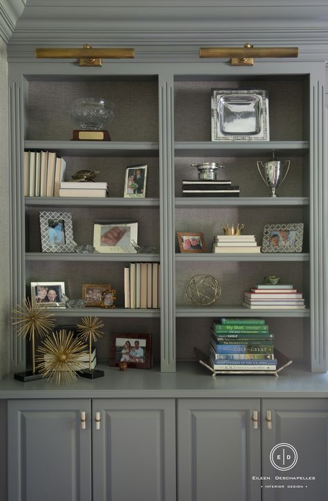 Library Book Shelf Lighting, Library Lights Over Bookcase, Bookcases With Lights, Library Lighting On Bookcase, Lights Over Bookshelves, Bookshelf With Lighting, Brass Library Light, Painted Library Shelves, Home Library Lighting