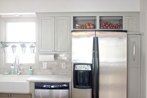 Remodeled Kitchen Using Original Cabinets With DIY Custom Doors. No doors above the fridge, love it! Ideas For Top Of Refrigerator, Space Above Refrigerator, Space Above Fridge, Cabinet Above Refrigerator, Wesley House, Above Refrigerator, Downstairs Ideas, Decor Above Kitchen Cabinets, Top Of Fridge