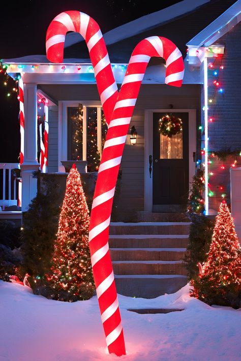 Giant DIY Christmas Candy Canes Made from Pool Noodles Diy Candy Cane Decorations Outdoor Christmas Lights, Large Candy Cane Decorations Diy, Diy Giant Candy, Outdoor Spaces Diy, Diy Christmas Decorations For Outside, Christmas Decorations For Outside, Cane Decorations, Easy Diy Christmas Decorations, Giant Candy Cane