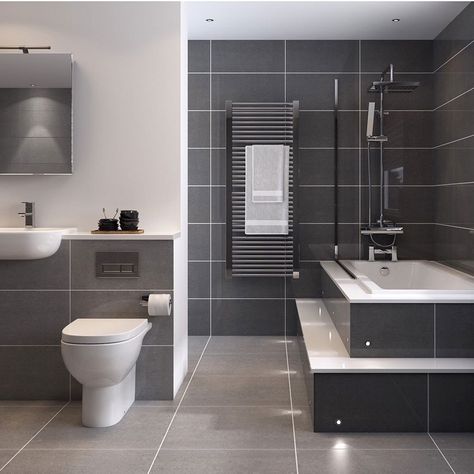 H&THomes shared a post on Instagram: “How about this shade of grey? Would you use the different shades of grey for your bathroom?…” • Follow their account to see 27 posts. Dark Grey Tile Bathroom, Grey Bathroom Wall Tiles, Gray Bathroom Walls, Dark Gray Bathroom, Grey Bathrooms Designs, Grey Wall Tiles, Porcelain Bathroom, Small Bathroom Tiles, Grey Bathroom Tiles