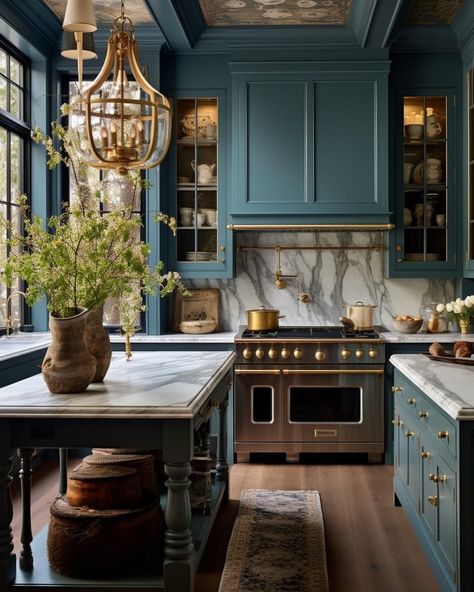 Dark Blue Kitchen, Boho Kitchen, Kitchen Inspiration Design, Kitchen Redo, Green Kitchen, Beautiful Kitchens, Kitchen Style, Dream Home Design, Home Decor Kitchen