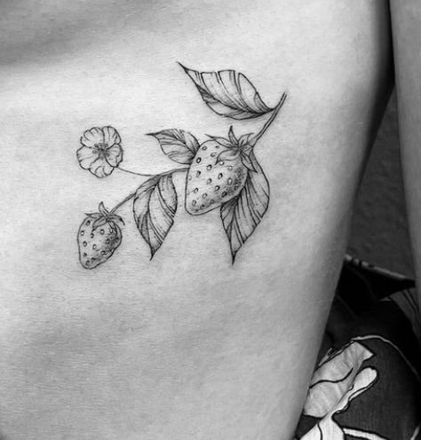 Strawberry And Flowers Tattoo, One Line Strawberry Tattoo, Strawberry Basket Tattoo, Strawberry Plant Tattoo Black And White, Strawberry Collarbone Tattoo, Black Strawberry Tattoo, Fruit Tattoo Black And White, Strawberry Bush Tattoo, Strawberry Branch Tattoo