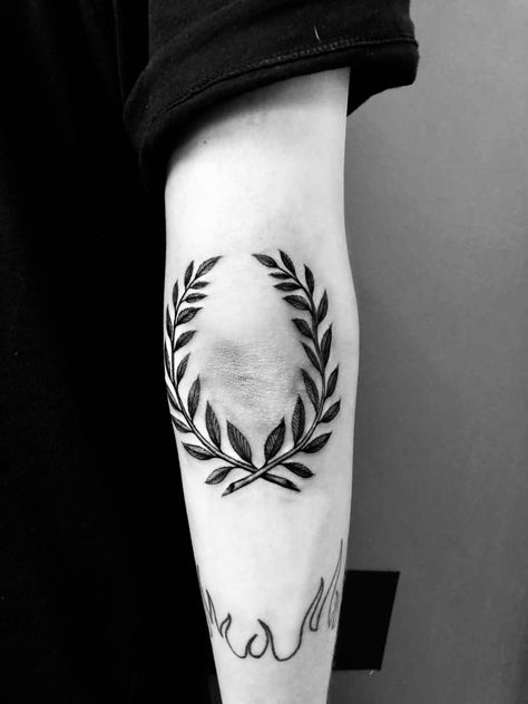 Elbow Wreath Tattoo, Greek Elbow Tattoo, Elbow Tattoo Men Back Of, Laurel Tattoo Men, Laurels Tattoo, Around The Elbow Tattoo, Greek Leaves Tattoo, Elbow Tattoo Ideas, Laurel Tattoo