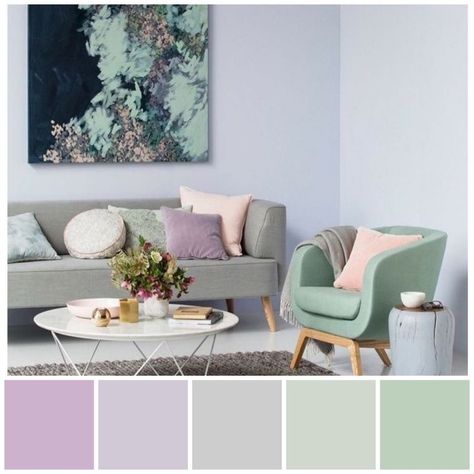 Mint Green Color Palette Living Room, Mint Green And Lilac Bedroom, Lilac And Green Interior, Mint Green And Grey Living Room, Colours That Go With Lilac, Lilac And Green Bedroom, Mint Green Colour Palette, Accented Achromatic Colour Scheme, Mint Green Interior Design