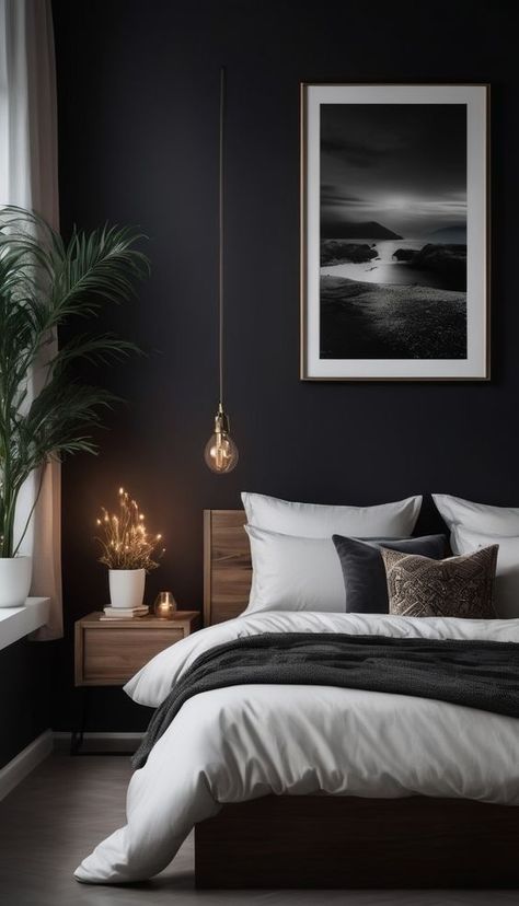 Dark Minimalist Bedroom, Black Walls Bedroom, Male Bedroom Ideas, Dark Minimalist, Black Bedroom Design, Masculine Bedroom, Bedroom Tips, Black Bedroom, Bedroom Black