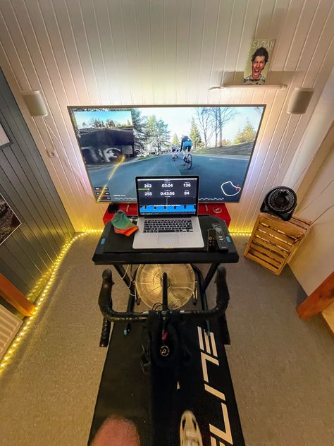 Zwift Cycling Setup, Pain Cave Cycling, Indoor Cycling Aesthetic, Zwift Cycling, Cycling Aesthetic, Cardio Workout Plan, Small Home Gyms, Indoor Bike Trainer, Bike Room