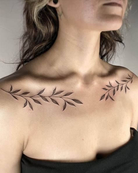 leanna patterson | Symmetrical collarbone decorations for the gorgeous Chloe! Somehow we managed to get these stencils perfectly placed on the first try,... | Instagram Ouroboros Armband Tattoo, Fine Line Collar Bone Tattoos For Women, Laurel Collar Bone Tattoo, Symmetrical Tattoo Collar Bone, Colour Bone Tattoo Women, Collarbone Vine Tattoo, Collar Bone Floral Tattoo, Tattoo Collar Bone Women, Olive Branch Tattoo Collar Bone