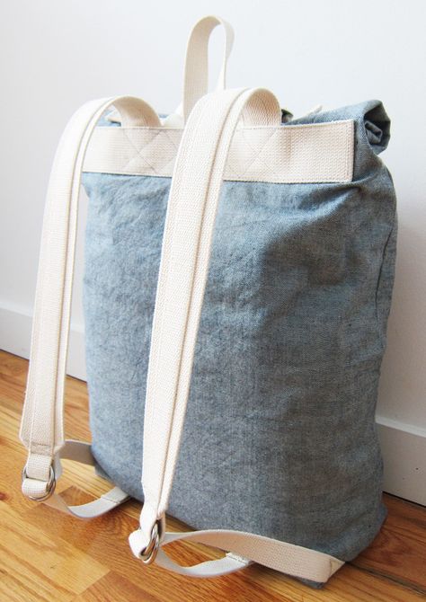 reverse denim backpack Diy Backpack Pattern, Backpack Project, Backpack Pattern Sewing, Small Rucksack, Backpack Sewing, Roll Top Backpack, Waxed Canvas Backpack, Leather Wallet Pattern, Denim Backpack