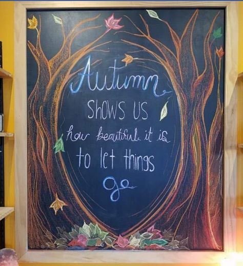 Autumn chalkboard tree and leaf art Fall Tree Chalkboard Art, Autumn Chalkboard Art Ideas, Fall Themed Chalkboard Art, Fall Chalkboard Art Autumn, Thanksgiving Chalkboard Ideas Chalk Art, Autumn Blackboard, Chalkboard Fall Ideas, Fall Chalkboard Art Diy, November Chalkboard Art