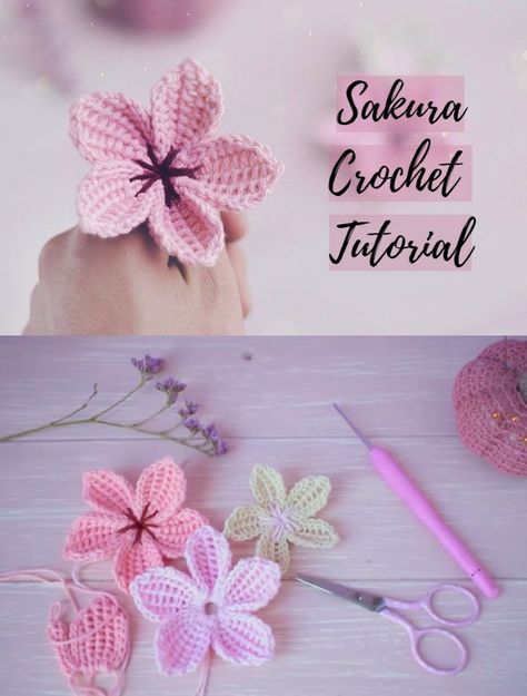 Sakura Crochet Tutorial Crochet Sakura Flower Pattern, Crochet Flower Stitches, Crochet Flower Pattern Free, Sakura Crochet, Crochet Cherry Blossom, Crochet Flowers Tutorial, Flor Crochet, Diy Crochet Flowers, Crochet Flowers Free Pattern