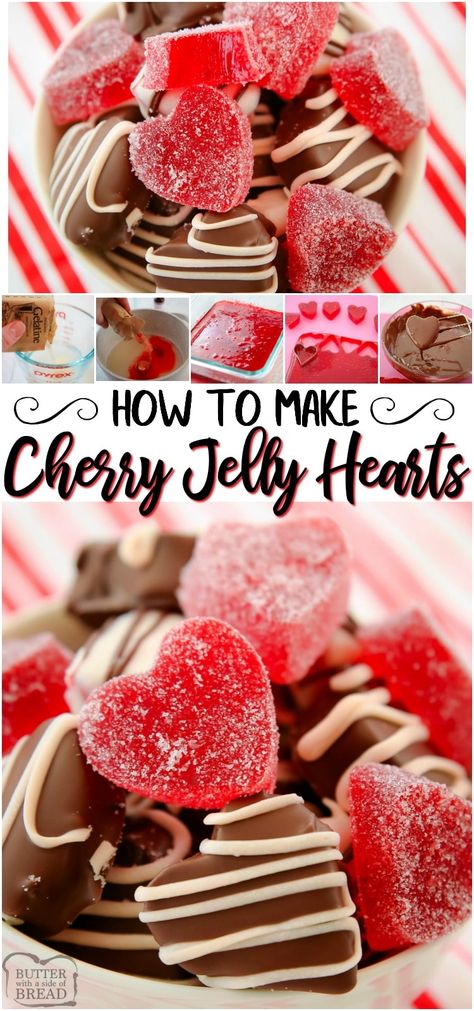 Cherry Jelly Hearts recipe for a fun & tasty take on popular jelly heart candy! Jelly Candy covered in white or dark chocolate or sugar. Cute for Valentine's Day or anytime. #candy #jellycandy #jellyhearts #heartcandy #dessert #treats #Valentines #recipe from BUTTER WITH A SIDE OF BREAD Homemade Jelly Candy, Jelly Candy Recipe, Valentines Recipe, Chocolate Hearts Candy, Jelly Candies, Cherry Jelly, Mocha Cheesecake, Valentines Recipes, Jello Flavors