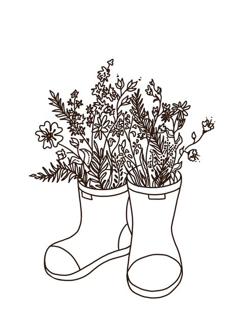 Minimalist rain boots and flower tattoo Flowers Rain Tattoo, Rain Boots Drawing Simple, No Rain No Flowers Drawing, Watering Can With Flowers Tattoo, Rain Boots Tattoo, Rain Boot Tattoo, Rain Boot Drawing, Rainboot Tattoo, Rain Boots Illustration