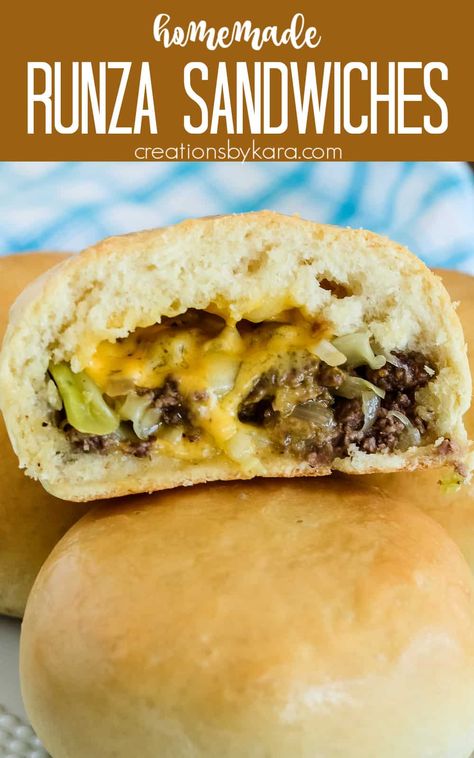 Handheld RUNZAS are a Nebraska favorite for good reason! Homemade dough surrounding savory ground beef, cabbage, and cheese makes for one tasty handheld sandwich! #runzasrecipe #runzasandwich @Creations by Kara Runza Recipe Nebraska Casserole, Easy Runza Recipe, Homemade Runza, Cabbage And Cheese, Runzas Recipe, Runza Recipe, Ground Beef Cabbage, Homemade Chocolate Truffles, Beef Cabbage