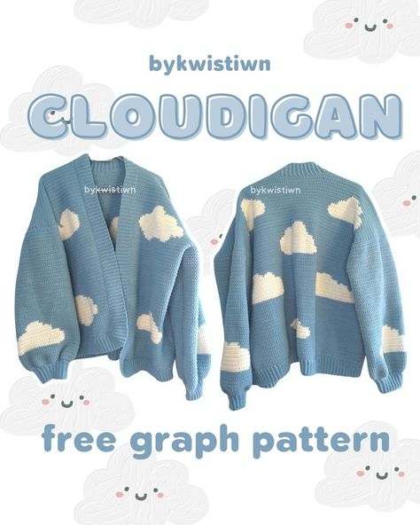 Kawaii Crochet Clothes Pattern Free, Modern Crochet Sweaters & Cardigans, Cat Themed Crochet Patterns, Kawaii Crochet Cardigan, Tapestry Crochet Cardigan, Crotchet Patterns Projects Free Clothes, Crochet Sewing Patterns, Fall Crochet Cardigan, Cute Crochet Sweaters