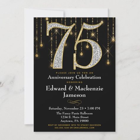 75th Anniversary Invitation Black Gold Diamonds  Zazzle 75th Birthday Invitations, 75th Wedding Anniversary, Elegant Birthday Invitations, Surprise Party Invitations, 75th Birthday Parties, Anniversary Invitation, Adult Birthday Invitations, Wedding Anniversary Invitations, 75th Birthday