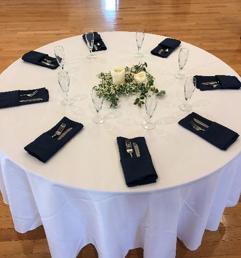 Navy Round Table Wedding, Navy Blue Napkins Wedding Table Settings, Mock Table Set Up Wedding, Navy Blue Table Settings Wedding, Navy Commissioning Party, Navy Napkins Wedding, Round Table Set Up, Navy Blue Wedding Table Settings, Wedding Table Cloth Ideas