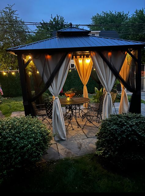 Black Gazebo, Gazebo Lighting, Deck Renovation, Screened Gazebo, Black Fence, Hardtop Gazebo, Privacy Curtains, Gazebo Wedding, Solar String Lights