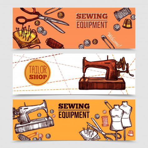 Shop Banner Design Ideas, Sewing Machine Illustration, Tailoring Accessories, Christmas Diy Sewing, Machine Illustration, Accessories Packaging, Yellow Business Card, Best Sewing Machine, Vintage Banner