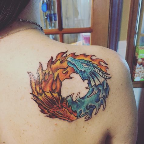 Fire and ice, yin and yang Fire And Ice Dragon Tattoo, Fire And Ice Tattoo Couple, Fire Ice Tattoo, Fire And Ice Couples Tattoo, Ice And Fire Tattoo, Dragon Tattoo With Fire, Ice Dragon Tattoo, Fire And Ice Tattoo, Fire And Water Tattoo