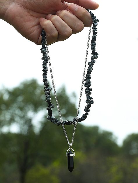 2pcs Stone Beaded Necklace Black Gemstone Beaded Necklace, Handmade Black Crystal Necklaces, Handmade Black Crystal Necklace, Black Agate Beaded Necklace, Elegant Black Agate Beaded Necklace, Black Pendant Necklace, Stone Beaded Necklace, Beaded Pendant Necklace, Black Pendant