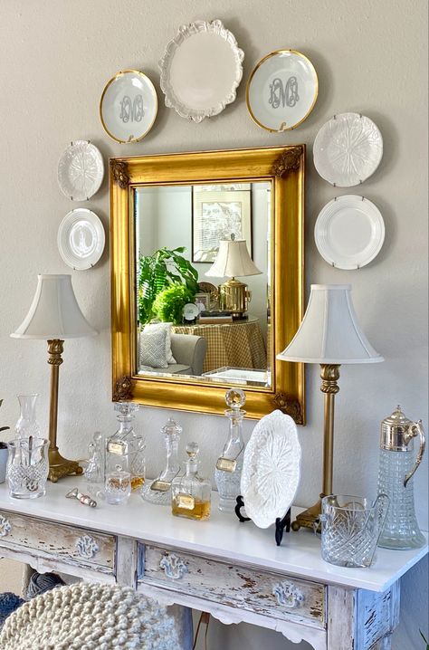 Above Fireplace Decor, Mirror Over Fireplace, French Country Decorating Living Room, Mirror Dining Room, French Country Living Room, Plate Wall Decor, Mirror Plates, Plate Wall, Antique Plates