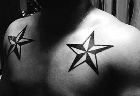 Double Nautical Stars Mens Simple Upper Chest Tattoos Small Star Tattoos For Men, Star Tattoos On Chest, Tattoo Ambigram, Chest Tattoo With Meaning, Tattoos On Chest, Black Star Tattoo, Ironman Tattoo, Darkest Temptation, Star Tattoos For Men