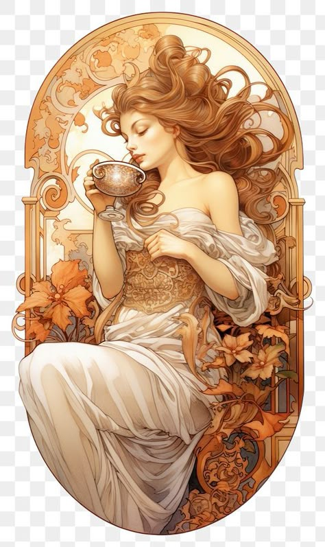 Art Nouveau Drawing, Nouveau Illustration, Alphonse Mucha Art, Mucha Art, Art Nouveau Illustration, Vintage Png, Coffee Wallpaper, Coffee Painting, Watercolor Painting Techniques