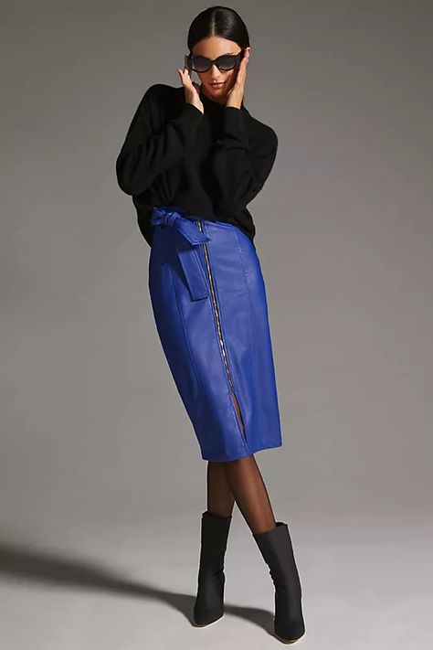 Basket | Anthropologie Blue Leather Skirt, Blue Skirt Outfits, Leather Skirt Outfit, Faux Leather Midi Skirt, Outfit 2023, Leather Midi Skirt, Leather Skirts, Leather Pencil Skirt, Blue Fits