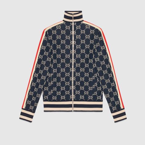 Shop the Blue / Ivory GG Jacquard Cotton Jacket at GUCCI.COM. Enjoy Free Shipping and Complimentary Gift Wrapping. Gucci Fashion Show, Gucci Hoodie, Rhombus Design, Gucci Jacket, Men Tracksuit, Gucci Gifts, Designer Sweatshirts, Tracksuit Jacket, Gucci Fashion