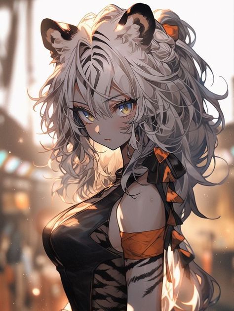 Animal Anime Characters, Tiger Girl Art, Tiger Oc Human, Tiger Hybrid Human, White Tiger Anime, Tiger Girl Oc, Anime Cat Woman, Leonin Female, White Tiger Girl