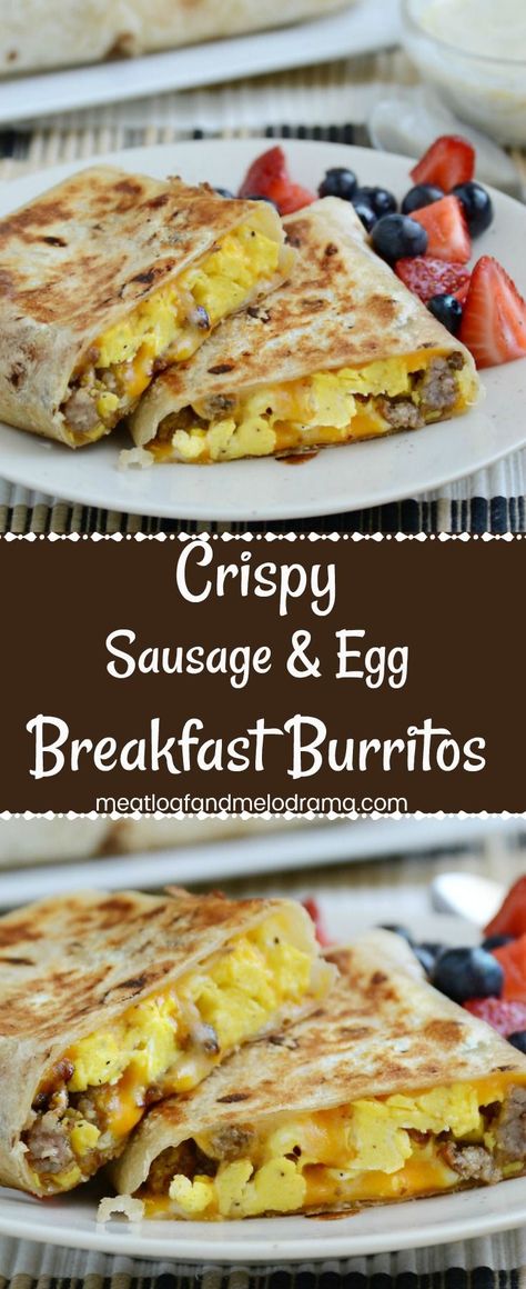 Crispy Sausage and Egg Breakfast Burritos - An easy grab and go breakfast burrito with eggs, sausage and colby jack cheese rolled into a tortilla and browned in a skillet until crisp. Freezer friendly and easy to heat up for a quick breakfast, lunch or di Sausage And Egg Breakfast Burritos, Crispy Sausage, Sausage And Egg Breakfast, Resep Makanan Beku, Menu Sarapan Sehat, Flour Tortilla, Burritos Recipe, Sausage And Egg, Egg Breakfast