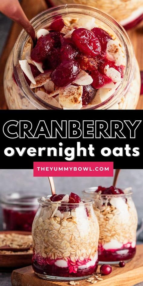 Overnight Oats Cranberry, Overnight Oats No Yogurt Recipes, Christmas Overnight Oats, Overnight Oats Without Chia Seeds, Cranberry Overnight Oats, Oats Bar, Macro Breakfast, Festive Breakfast, Creamy Oats