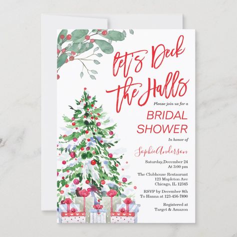 Christmas Letâ€™s Deck the Halls Bridal Shower Invitation  Zazzle Christmas Bridal Shower Invitations, Christmas Bridal Shower, Christmas Bridal Showers, Winter Bridal Showers, Couple Wedding Shower, Christmas Shower, Wedding Shower Invitations, Bridal Shower Brunch, Christmas Invitations