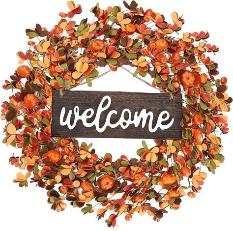 Fall Wreath 20'' Autumn Front Door Wreath Harvest Wreath with Small Pumpkin Berry Round Leaves Fall Decorations for Outside Indoor Wall Window Festival Thanksgiving Fall Autumn Decor(Orange) Fall Decorations For Outside, Outside Fall Decorations, Autumn Front Door, Fall Autumn Decor, Harvest Wreath, Wall Window, Small Pumpkins, Leaves Fall, Harvest Decorations