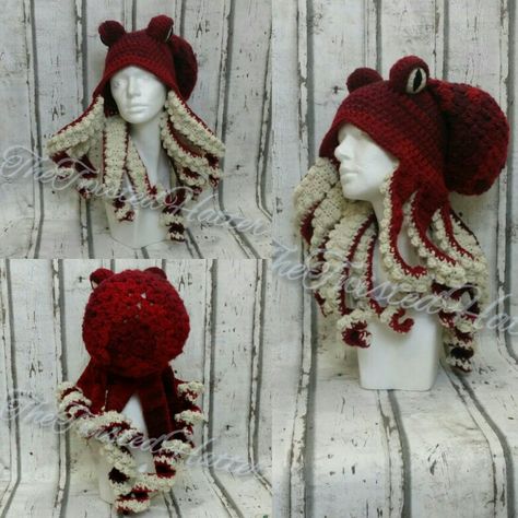 Crochet red octopus hat. Pattern is sold in my etsy shop TheTwistedHatter Octopus Crochet Hat, Octopus Hat Pattern, Octopus Hat Crochet, Crochet Octopus Hat, Octopus Hat, Red Octopus, Vintage Crochet Patterns, Crochet Octopus, Fall Shorts