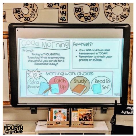 Soft Start Morning Routines in Upper Elementary Classrooms Morning Routine Classroom 3rd Grade, Elementary Soft Start, Morning Work Elementary, Fourth Grade Classroom Setup, 4th Grade Morning Routine, Soft Starts In The Classroom 3rd Grade, Soft Starts In The Classroom 4th Grade, Morning Slides Classroom, Soft Starts In The Classroom