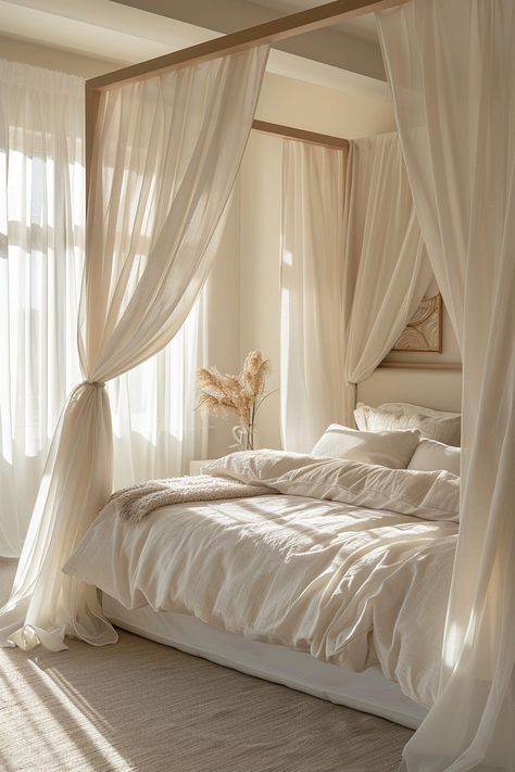 White Curtains Around Bed, Canopy Bed Aesthetic Bedroom, King Bed Canopy, Canopy Bed With Curtains, Neutral Tone Bedroom, Bed With Curtains, White Canopy Bed, Ocean Bathroom Decor, Bed Drapes