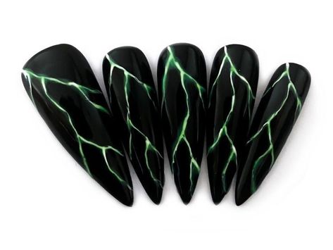 Black And Green Lightning Nails, Green Lightning Nails, Lightening Nail Art, Lightning Nails Designs, Lightening Nails, Lighting Nails, Storm Nails, Lightning Bolt Nails, Storm Witch