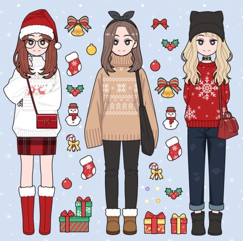 Lily Diary Cozy Winter New Year Christmas Outfits Cute Christmas Outfits Drawing, Chibi Christmas Clothes, Christmas Outfit Ideas Drawing, Fantasy Christmas Outfit, Christmas Clothes Drawing, Christmas Outfits Drawing, Christmas Outfit Drawings, Christmas Sweater Drawing, Batman Book