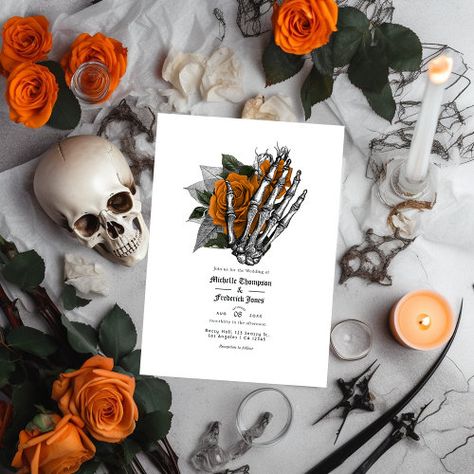 $3.08 | Orange Floral Gothic Wedding QR Code Invitation #floral, wedding, qr code, rsvp, black, gothic, skeleton, gothic wedding, goth, orange Qr Code Invitation, Wedding Goth, Wedding Qr Code, Gothic Wedding Invitations, Halloween Wedding Invitations, Biker Wedding, Orange Wedding Invitations, Gothic Skeleton, Wedding Site