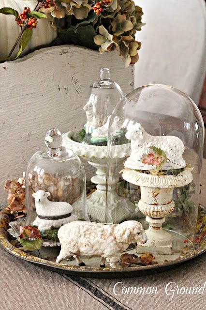 common ground : Farm Animals in French Country Decor Cloche Decor, Cloche Domes, Glass Cloche, Common Ground, Spring Easter Decor, Deco Floral, French Country Decorating, Vintage Easter, Glass Dome