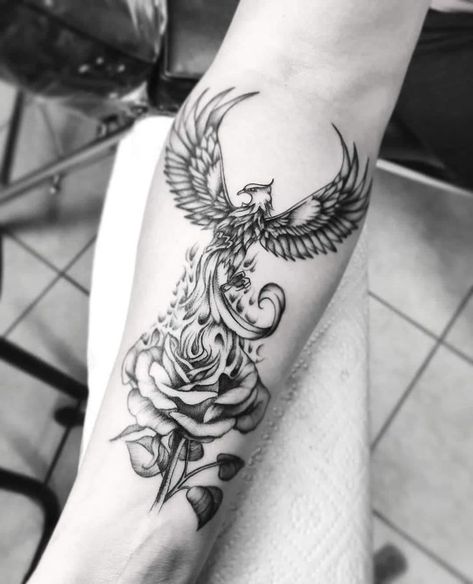 Feniks Tattoo, Fenix Tattoo, Rising Phoenix Tattoo, Phoenix Tattoo Feminine, Cool Shoulder Tattoos, Magic Runes, Inner Forearm Tattoo, Rose Tattoos For Women, Phoenix Tattoo Design